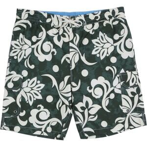Caribbean Joe Men's Large Green Floral Swim Trunks Board Shorts Cargo Pockets